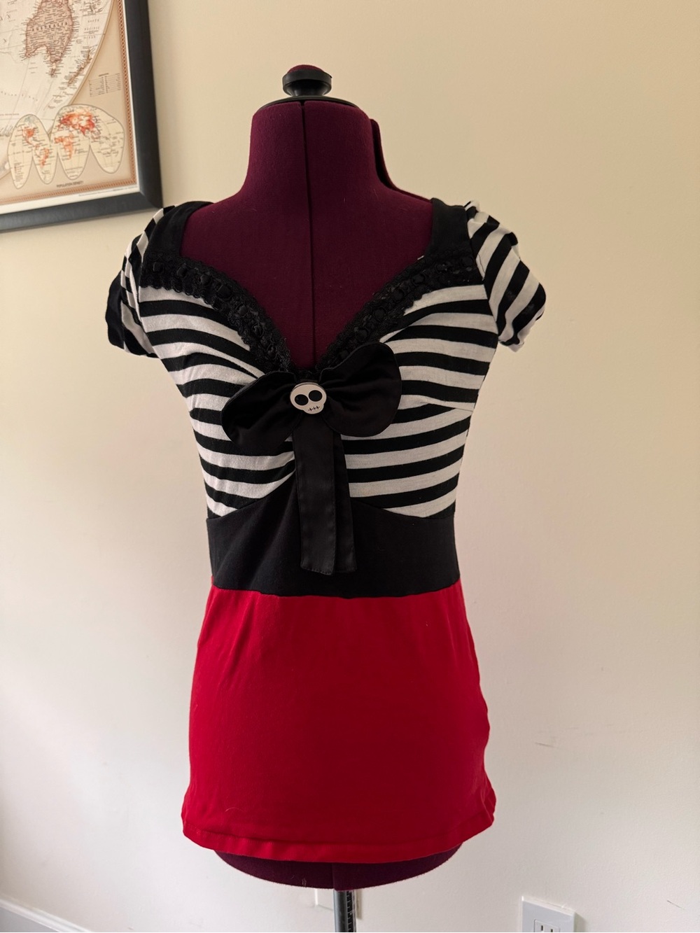 Jessica Louise Black & White Stripe Skull and Bow Top XS